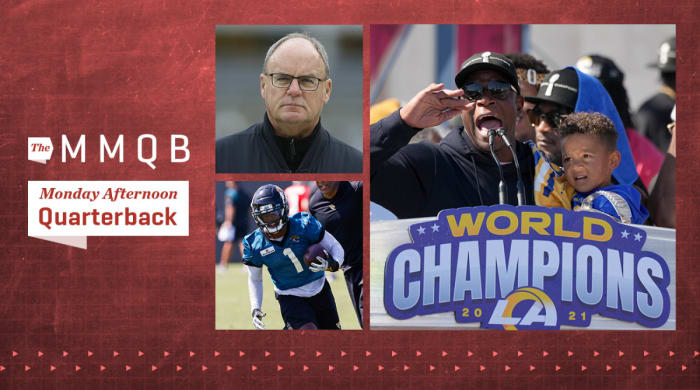 Los Angeles Rams defensive coordinator Raheem Morris speaks during Super Bowl LVI championship rally; Pittsburgh Steelers general manager Kevin Colbert looks on before the game against the Detroit Lions; Jacksonville Jaguars running back Travis Etienne (1) participates in training camp.